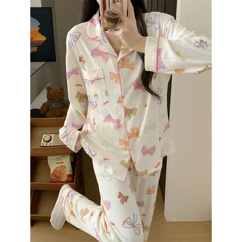 Women's Bow Print Pajama Set Autumn Long Sleeve Top Loose Pants Sleepwear 2 Piece Set Casual Breathe Homewear