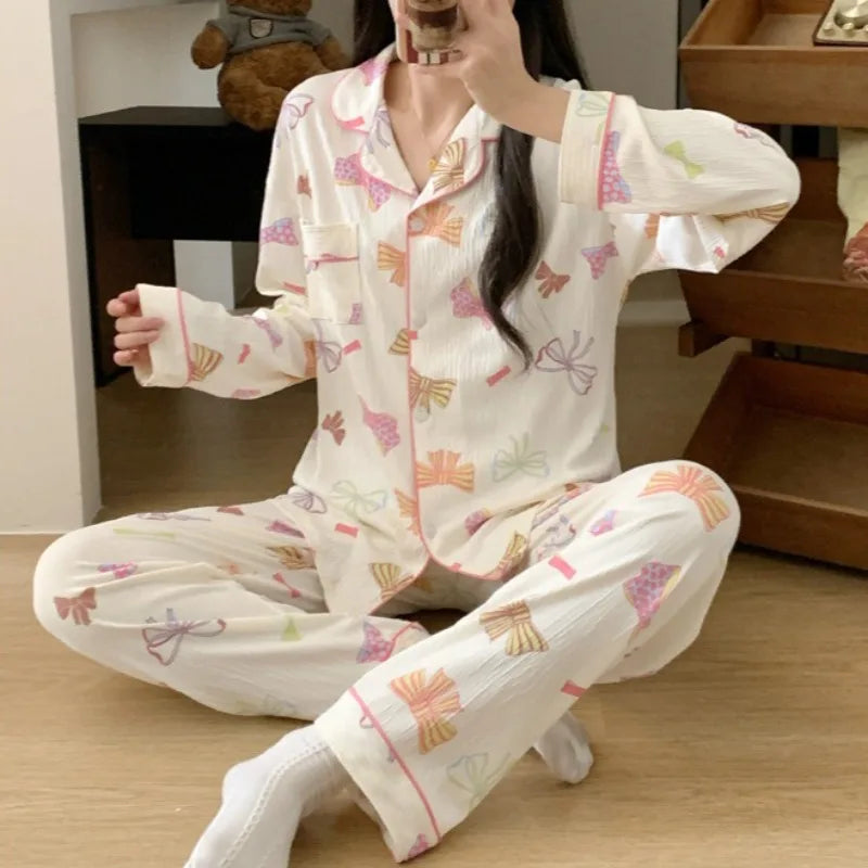 Women's Bow Print Pajama Set Autumn Long Sleeve Top Loose Pants Sleepwear 2 Piece Set Casual Breathe Homewear