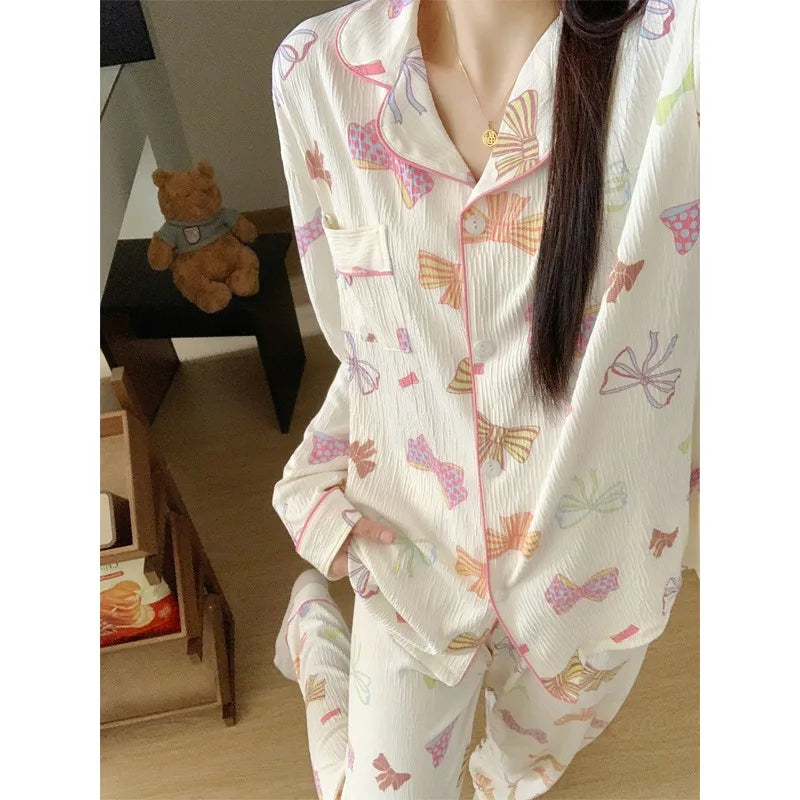 Women's Bow Print Pajama Set Autumn Long Sleeve Top Loose Pants Sleepwear 2 Piece Set Casual Breathe Homewear
